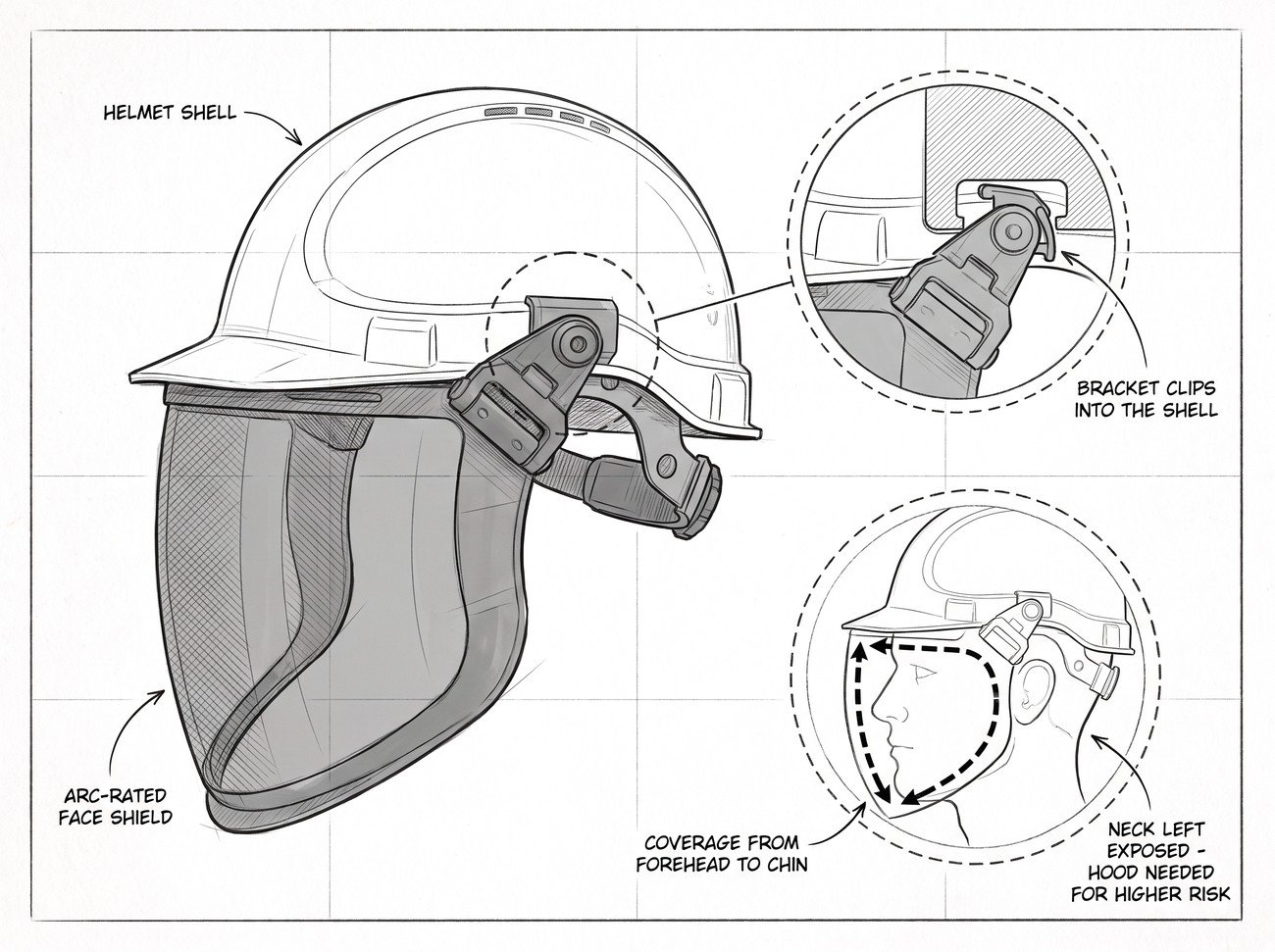 Simple line-art illustration of a safety helmet with an arc-rated face shield attached, covering the full face and extending down past the chin, worn by a figure facing an electrical panel.
