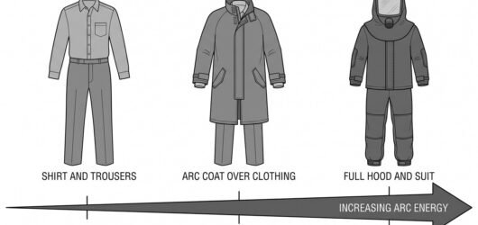 Simple line-art illustration of an arc-rated jacket with its label visible, positioned beside a separate general flame-resistant jacket, showing they 