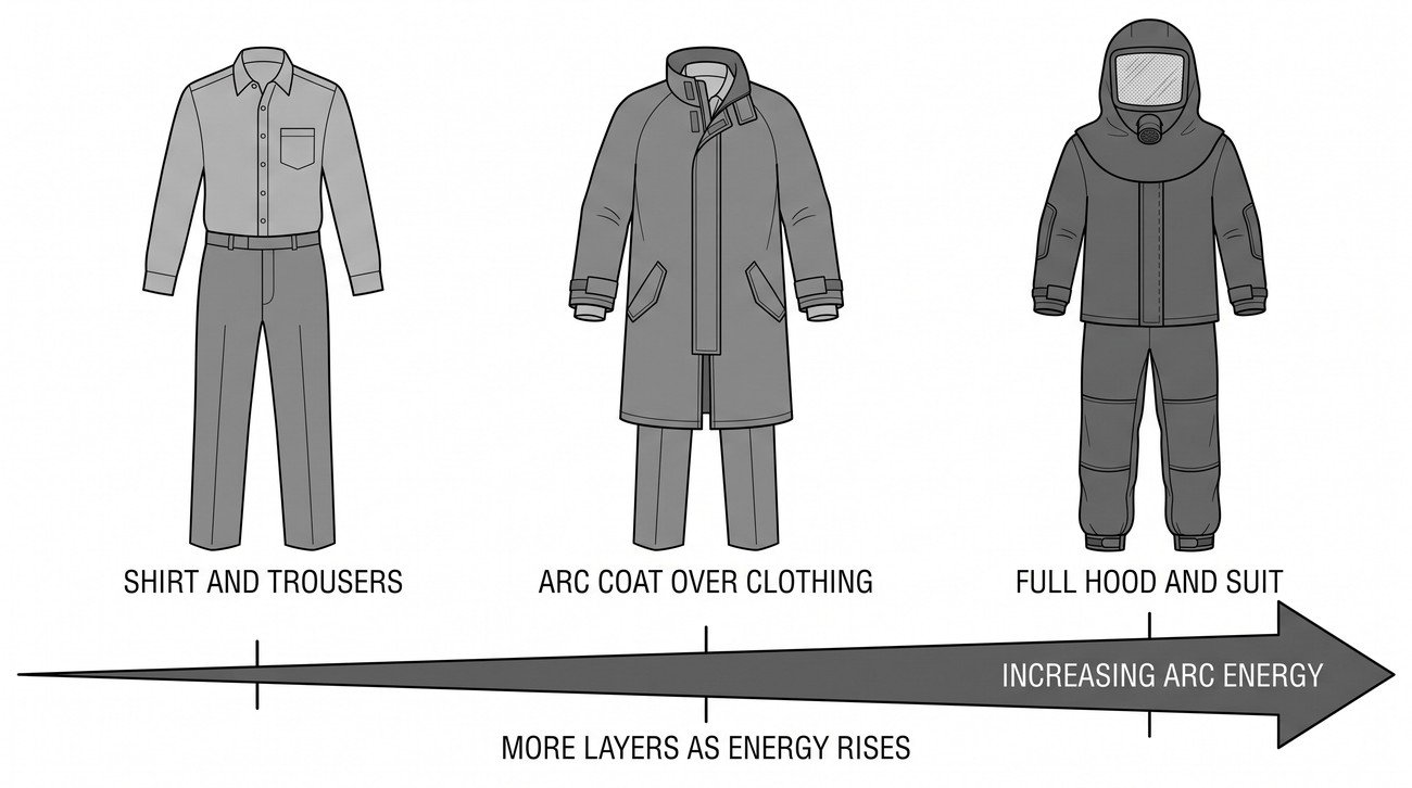 Simple line-art illustration of an arc-rated jacket with its label visible, positioned beside a separate general flame-resistant jacket, showing they are different garments with different test bases.