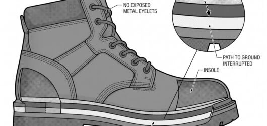 Simple line-art illustration of a safety boot with a sole cross-section showing a non-conductive layer, positioned beside a small label distinguishing
