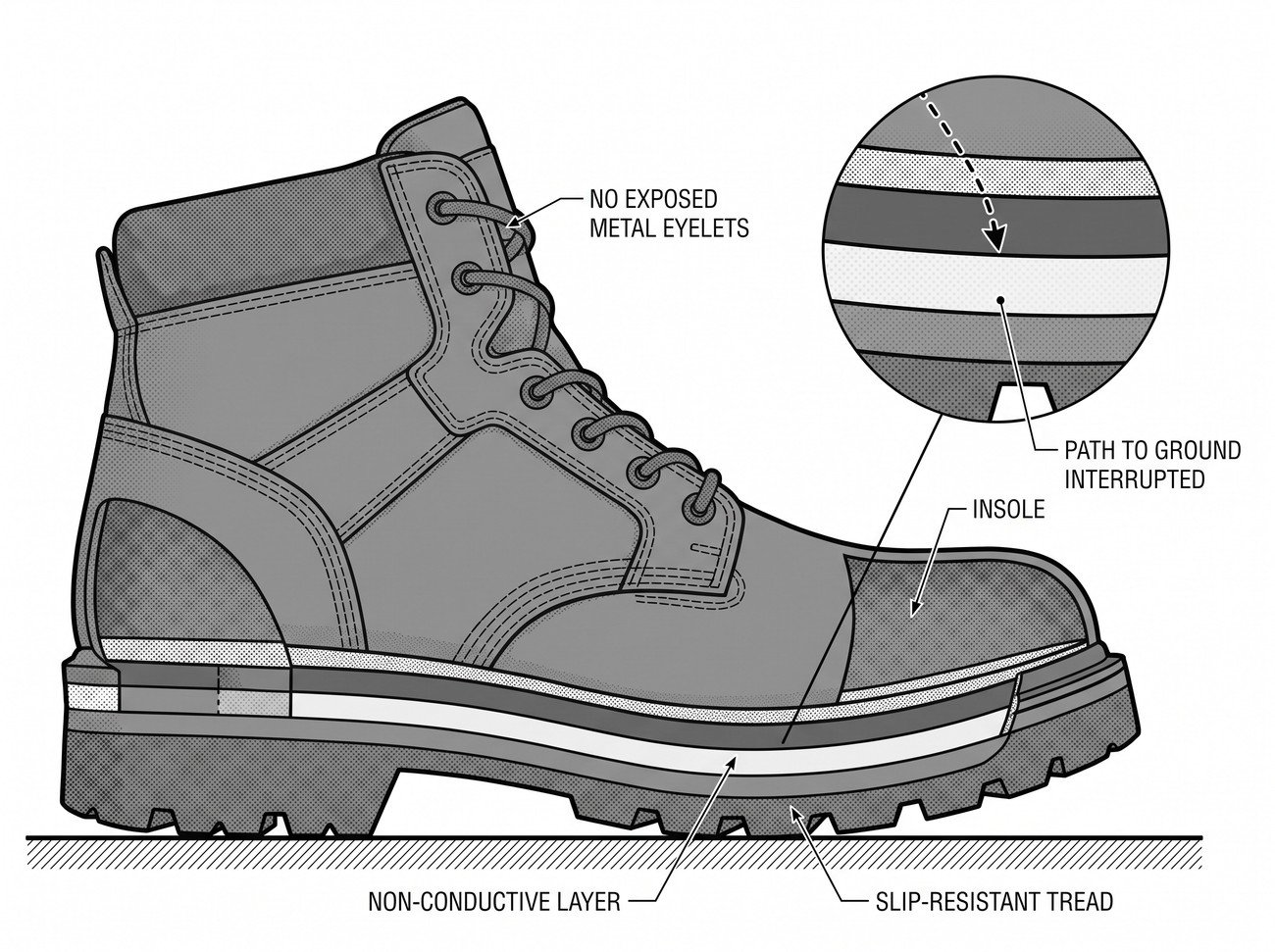 Simple line-art illustration of a safety boot with a sole cross-section showing a non-conductive layer, positioned beside a small label distinguishing it from an anti-static boot design.