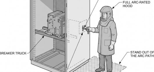 Simple line-art illustration of a technician in full arc-rated hood and clothing operating a switchgear racking handle from an extended position, stan