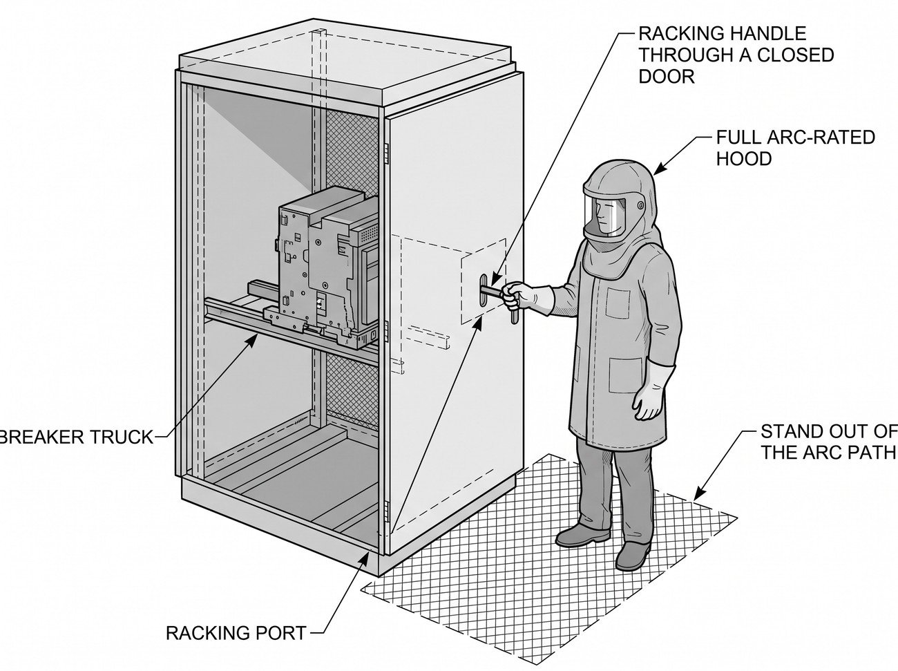 Simple line-art illustration of a technician in full arc-rated hood and clothing operating a switchgear racking handle from an extended position, standing back from the cubicle door.