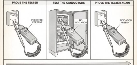 Simple line-art illustration of a voltage detector being touched to a known live test point, then to the isolated circuit under test, then back to the