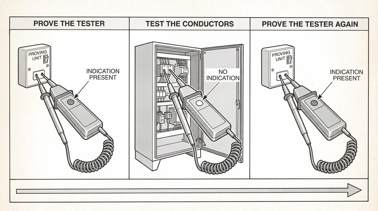 Simple line-art illustration of a voltage detector being touched to a known live test point, then to the isolated circuit under test, then back to the live test point, shown as three sequential steps.