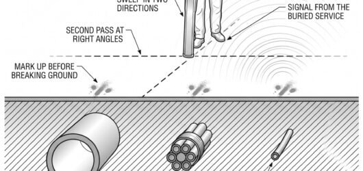 Simple line-art illustration of a person using a cable avoidance detection tool to sweep the ground above a marked excavation area, with a buried cabl