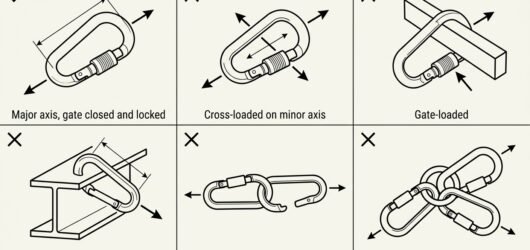 Six-panel diagram showing correct major-axis loading of a fall-arrest connector alongside cross-loading, gate loading, levering over a beam flange, co