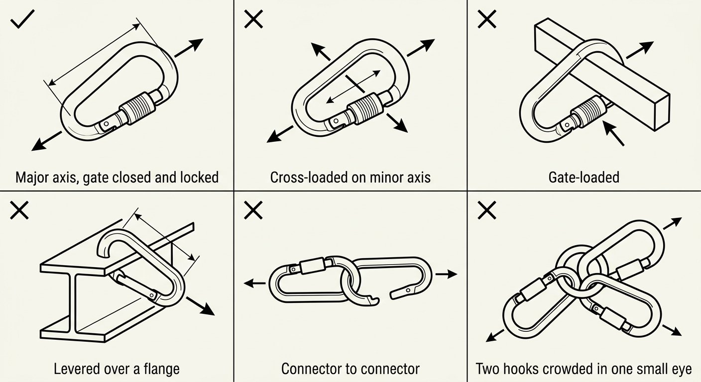 Six-panel diagram showing correct major-axis loading of a fall-arrest connector alongside cross-loading, gate loading, levering over a beam flange, connector-to-connector and two hooks in one small eye.