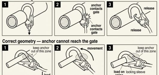 Six-frame diagram comparing roll-out of a hook on an oversized anchor with correct geometry where the anchor stays seated on the spine away from the g