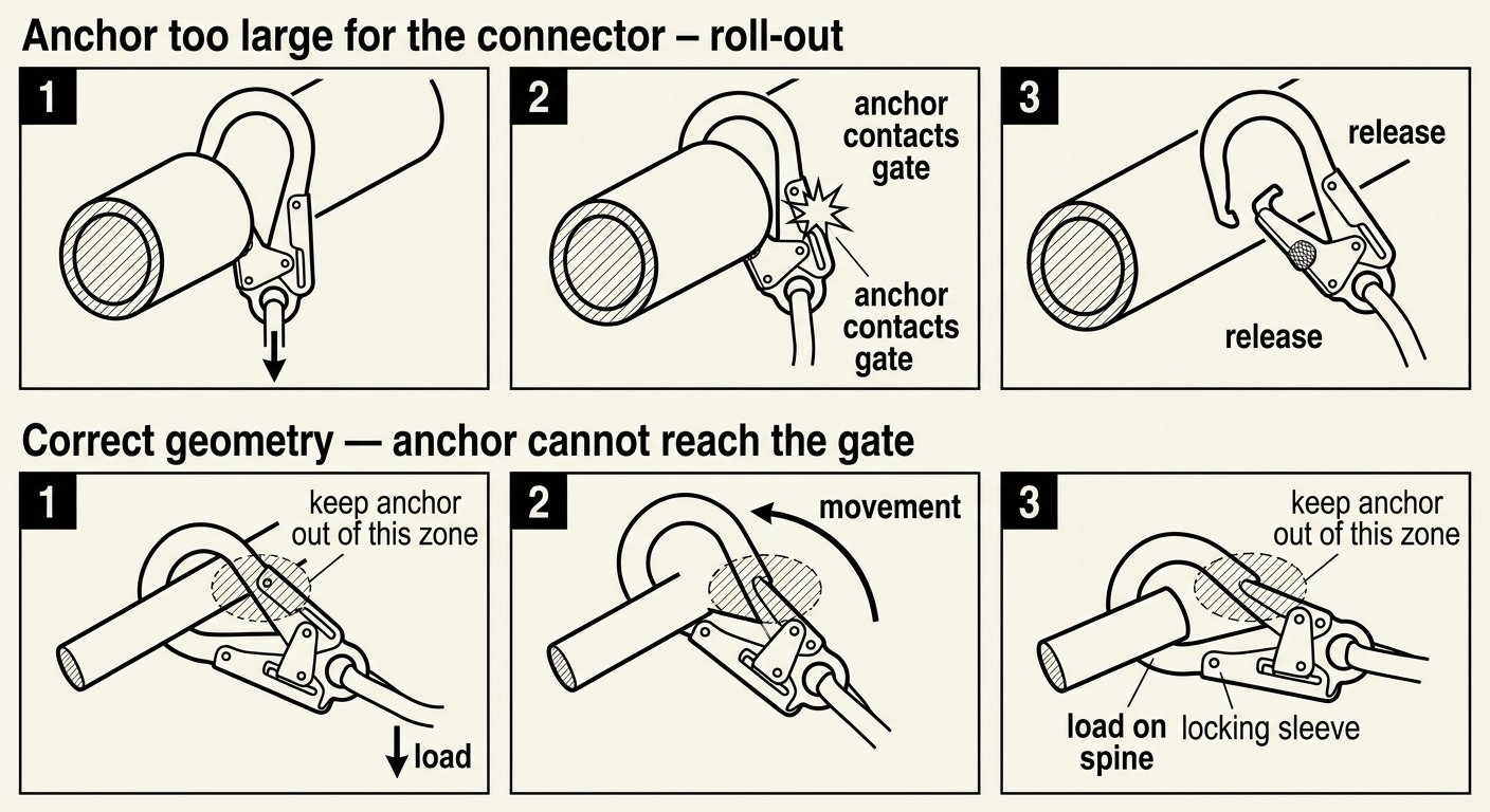 Six-frame diagram comparing roll-out of a hook on an oversized anchor with correct geometry where the anchor stays seated on the spine away from the gate.