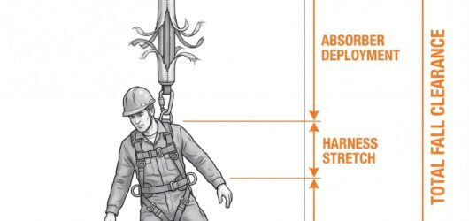 Fall clearance diagram below an overhead beam anchor, stacking lanyard length, energy absorber deployment, harness stretch, D-ring to feet distance an