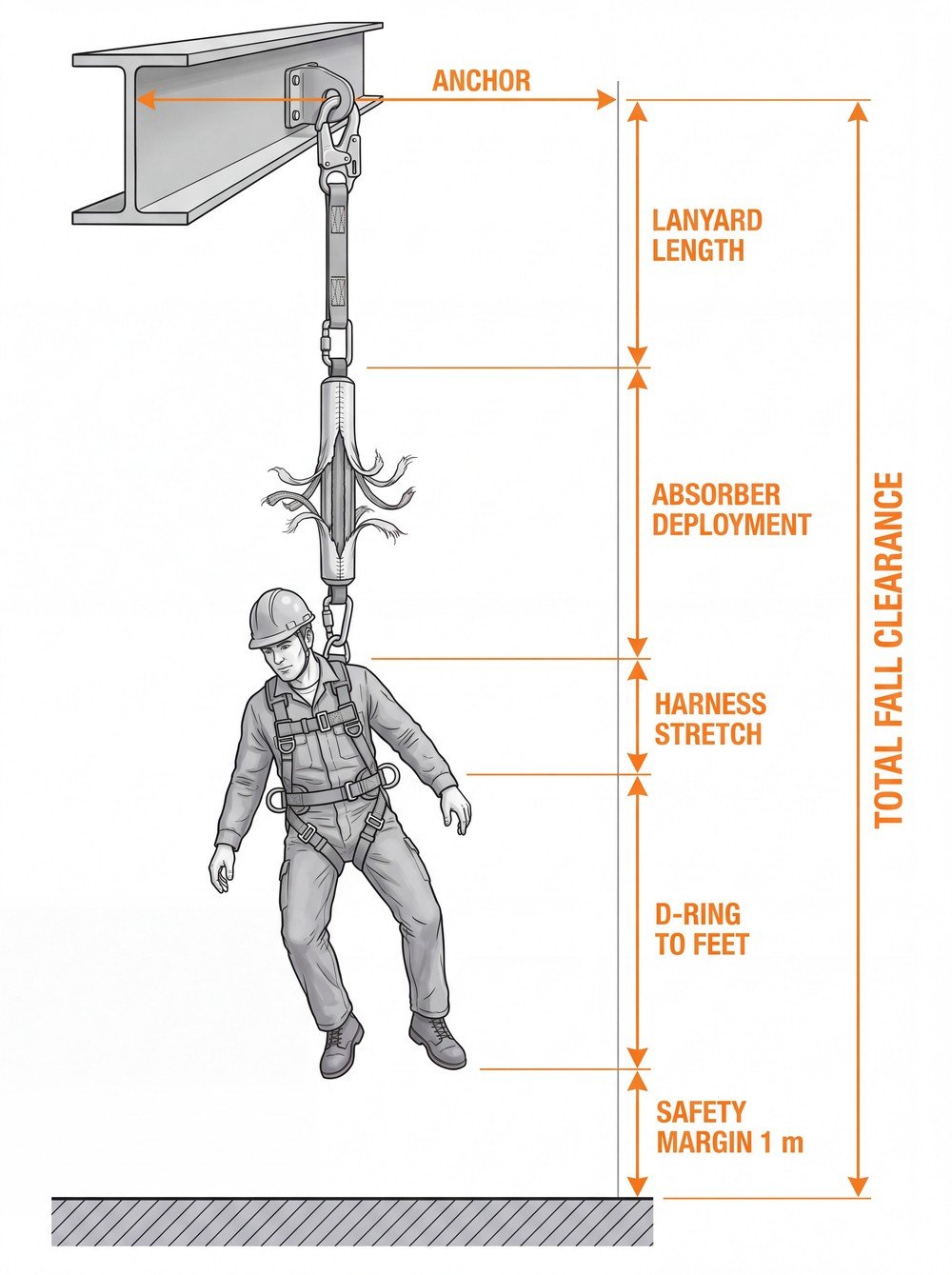 Fall clearance diagram below an overhead beam anchor, stacking lanyard length, energy absorber deployment, harness stretch, D-ring to feet distance and a one metre safety margin, bracketed as total fall clearance above a hatched ground line.