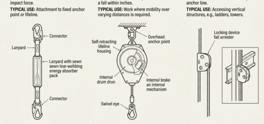 Line diagram comparing an energy-absorbing lanyard, a retractable fall arrester and a guided type fall arrester on a rope and rigid rail