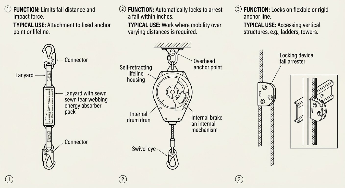 Line diagram comparing an energy-absorbing lanyard, a retractable fall arrester and a guided type fall arrester on a rope and rigid rail