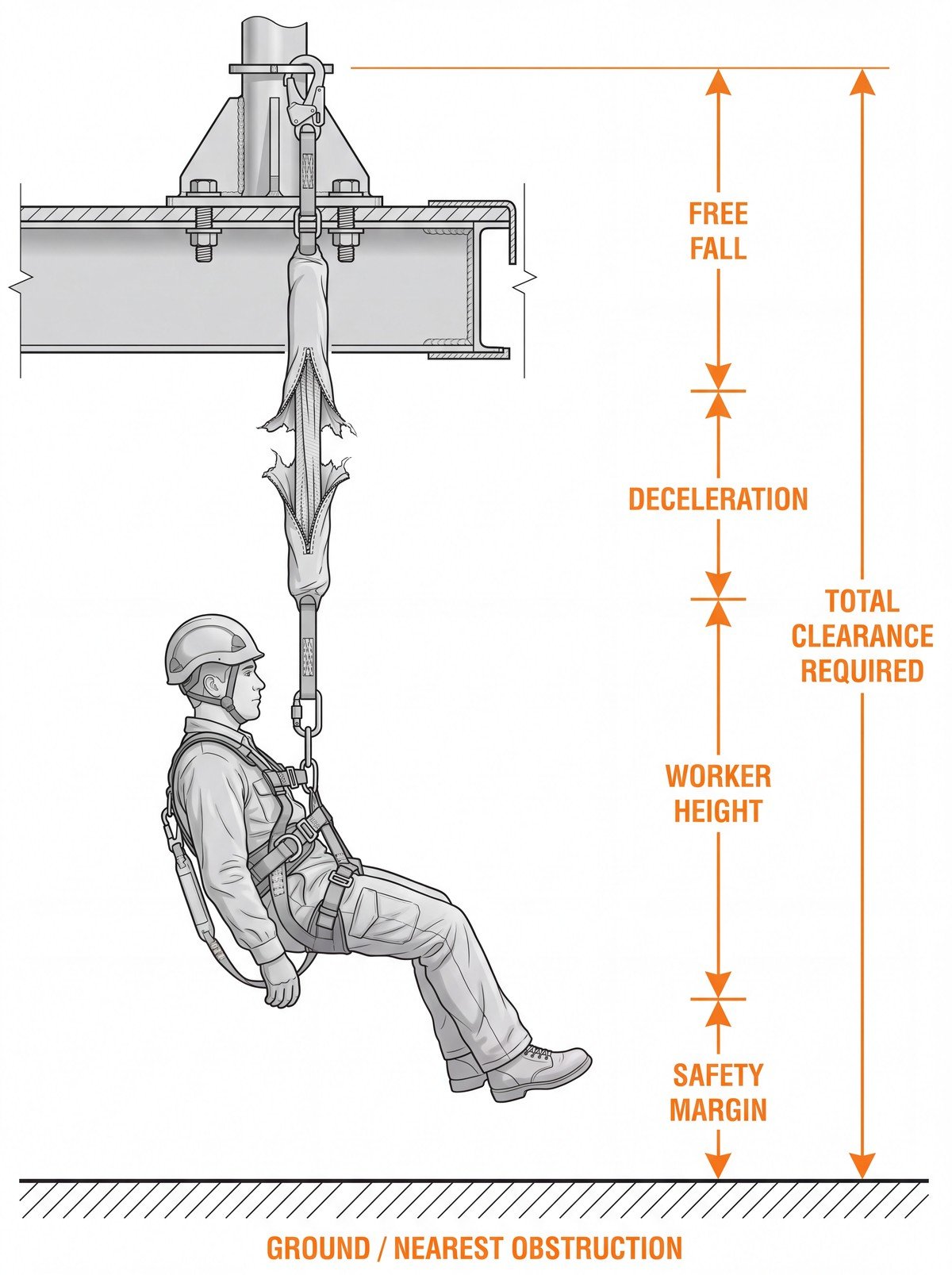 Diagram showing the components of a fall clearance calculation stacked vertically below a roof anchor: free fall distance, energy absorber deceleration distance, worker height, and safety margin, totalling the clearance required above the ground or nearest obstruction.