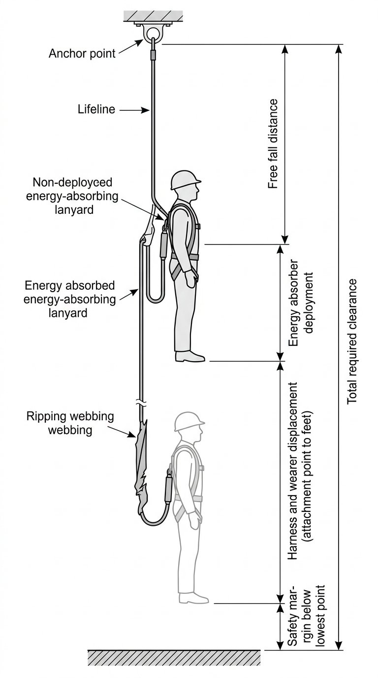 Fall clearance diagram showing the stacked components of required clearance: free fall, absorber deployment, harness and wearer displacement, and safety margin.