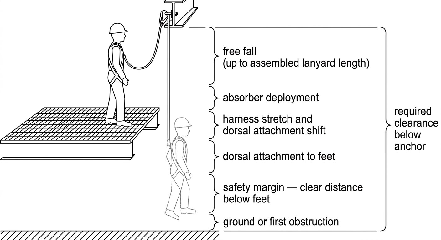 Vertical clearance stack diagram showing free fall, absorber deployment, harness shift, body length and safety margin measured down from the anchor