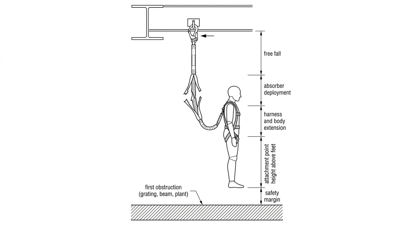 Diagram showing the stacked components of required fall clearance below an anchor: free fall, absorber deployment, harness extension, attachment height and safety margin.