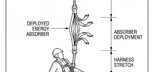 Vertical fall clearance stack diagram beneath an anchor point: dimension bars from top to bottom represent lanyard length up to 2 m, energy absorber d