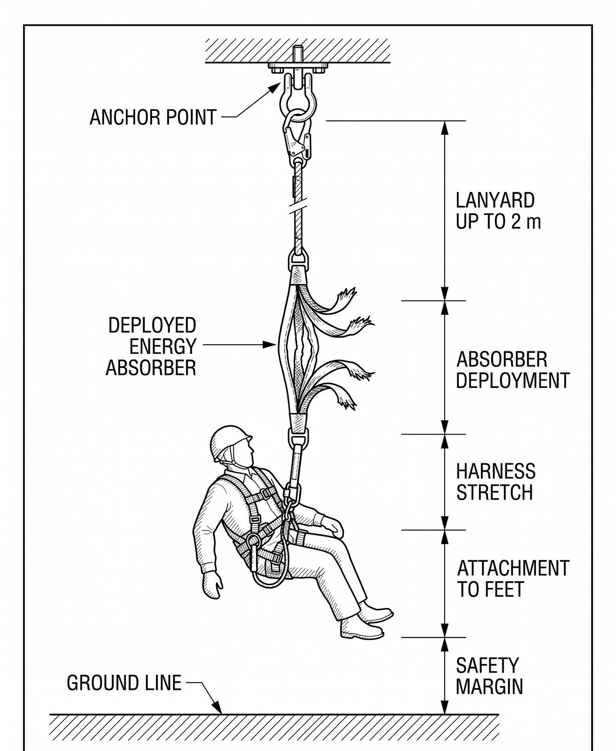 Vertical fall clearance stack diagram beneath an anchor point: dimension bars from top to bottom represent lanyard length up to 2 m, energy absorber deployment, harness stretch and dorsal attachment slide, the distance from attachment to the worker's feet, and the residual safety margin above the ground.