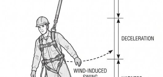 Stacked clearance diagram showing the components of required fall clearance below the user - free fall, deceleration distance, harness extension and r