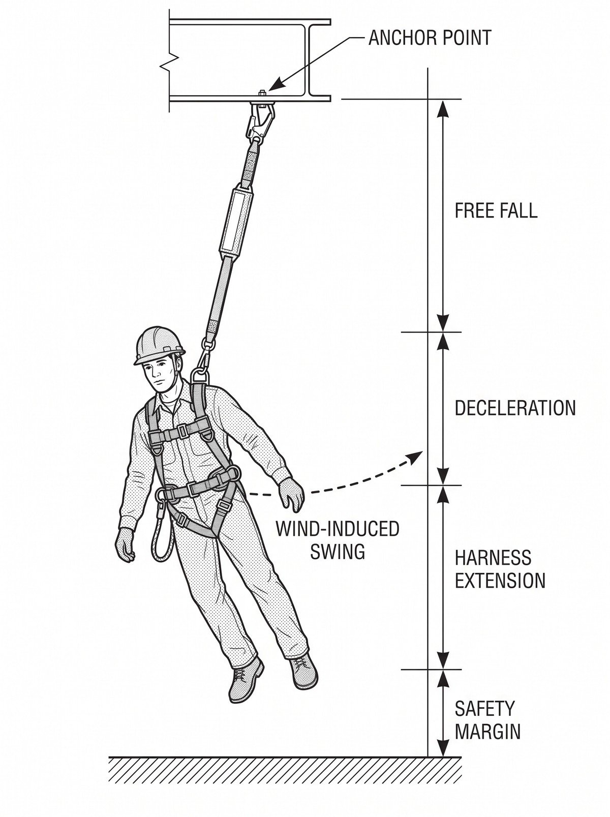 Stacked clearance diagram showing the components of required fall clearance below the user - free fall, deceleration distance, harness extension and residual safety margin - with a dashed pendulum arc showing how wind-induced displacement carries the user below the point of arrest.