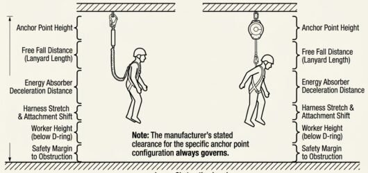 Diagram of fall clearance stack-up comparing an energy-absorbing lanyard and a retractable fall arrester below an overhead anchor