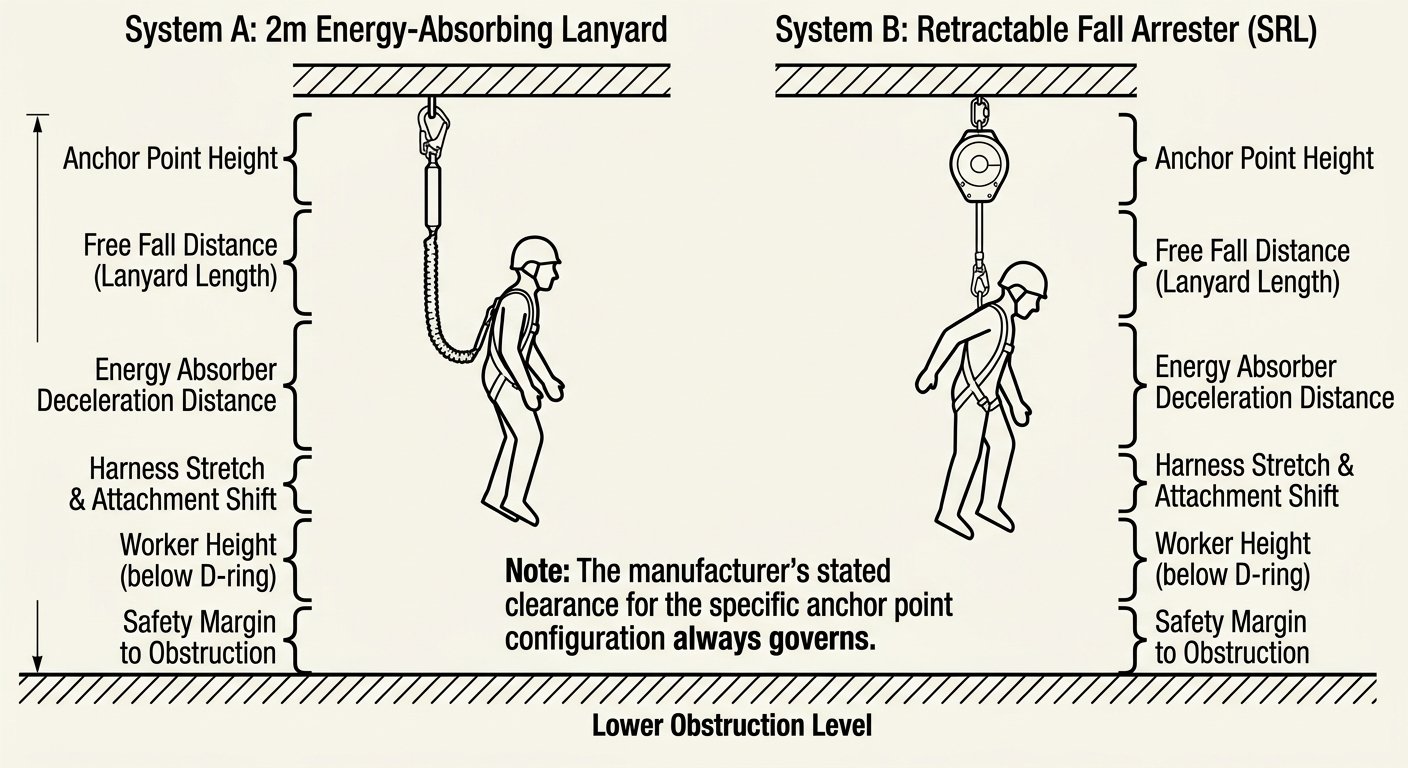 Diagram of fall clearance stack-up comparing an energy-absorbing lanyard and a retractable fall arrester below an overhead anchor