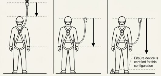 Three-panel diagram showing fall factor for overhead, level and foot-level anchor positions with a full body harness