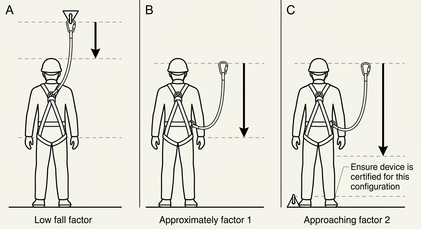 Three-panel diagram showing fall factor for overhead, level and foot-level anchor positions with a full body harness