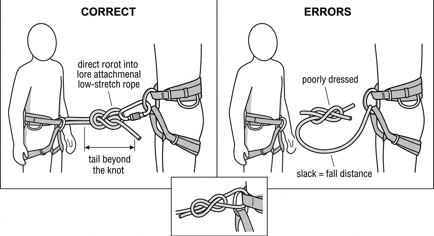 Comparison diagram of a figure-eight on a bight tie-in to a harness: correctly dressed with adequate tail and a short loop, versus crossed strands, short tail and excess slack.