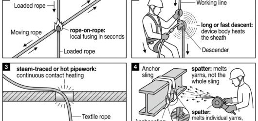 Four-panel diagram of heat sources that damage rope access textiles: rope-on-rope friction, descender heating, hot pipework contact and welding or gri