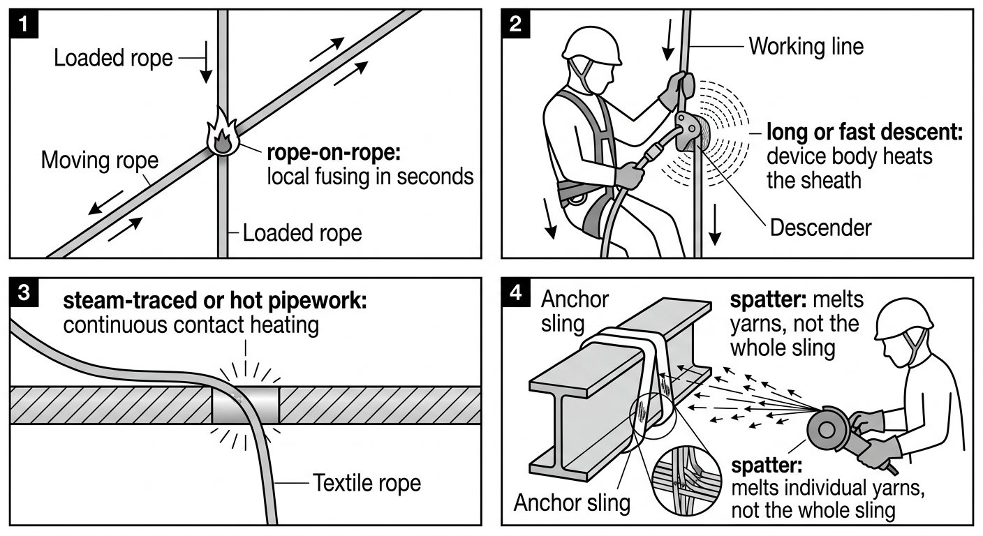 Four-panel diagram of heat sources that damage rope access textiles: rope-on-rope friction, descender heating, hot pipework contact and welding or grinding spatter