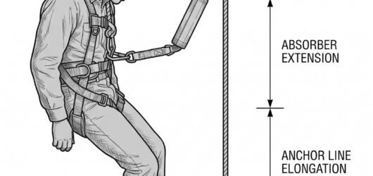 Elevation diagram of required fall clearance below a worker on a guided type fall arrester, showing the stacked components: device travel before lock,
