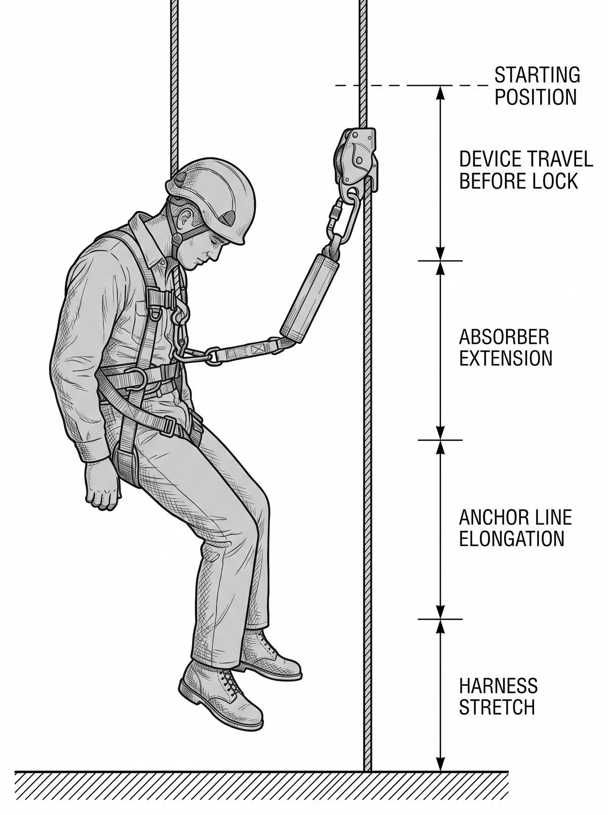 Elevation diagram of required fall clearance below a worker on a guided type fall arrester, showing the stacked components: device travel before lock, energy absorber extension, anchor line elongation and harness stretch, plus a safety margin to the ground or nearest obstruction.