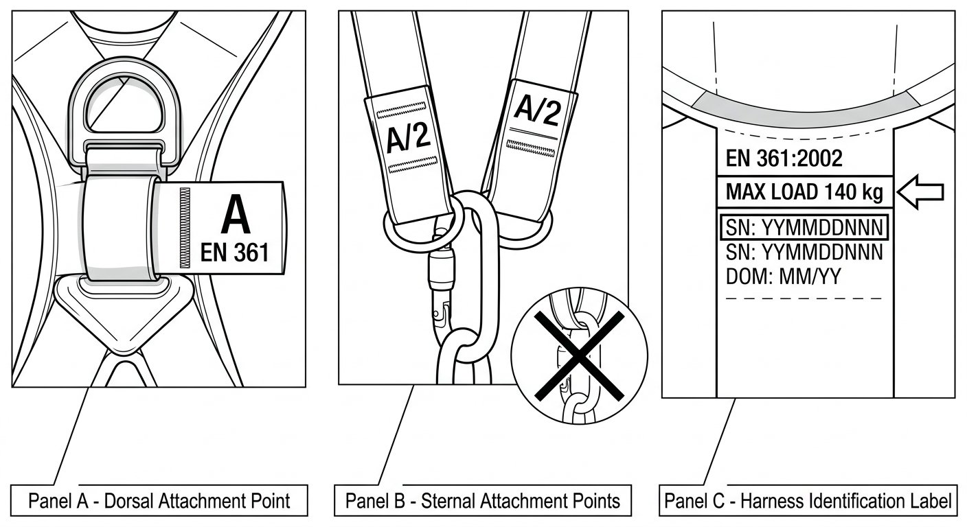 Close-up diagram of harness markings showing an A fall-arrest point, paired A/2 loops used together, and a harness label with maximum rated load