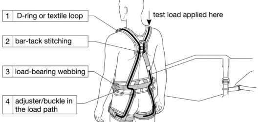 Diagram showing the dorsal harness attachment point as a rated load path through D-ring, stitching, shoulder webbing and buckles