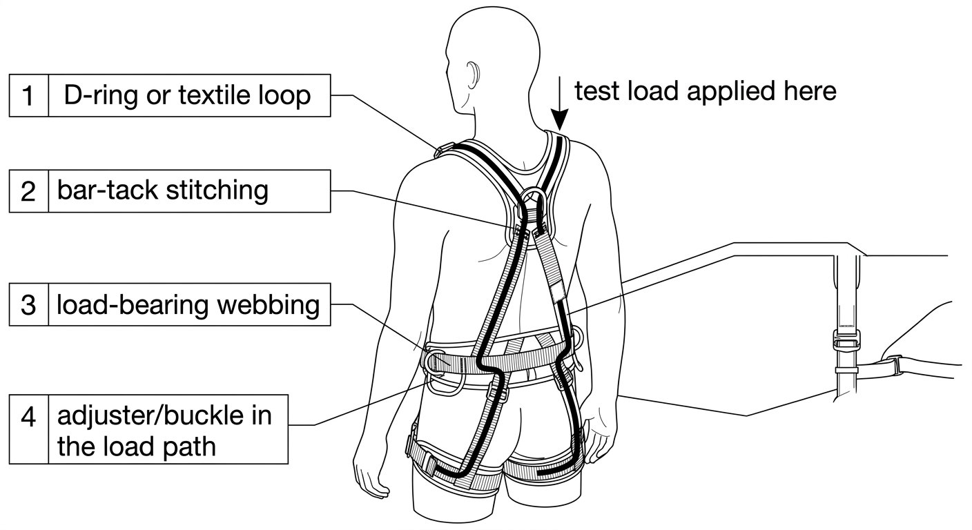 Diagram showing the dorsal harness attachment point as a rated load path through D-ring, stitching, shoulder webbing and buckles