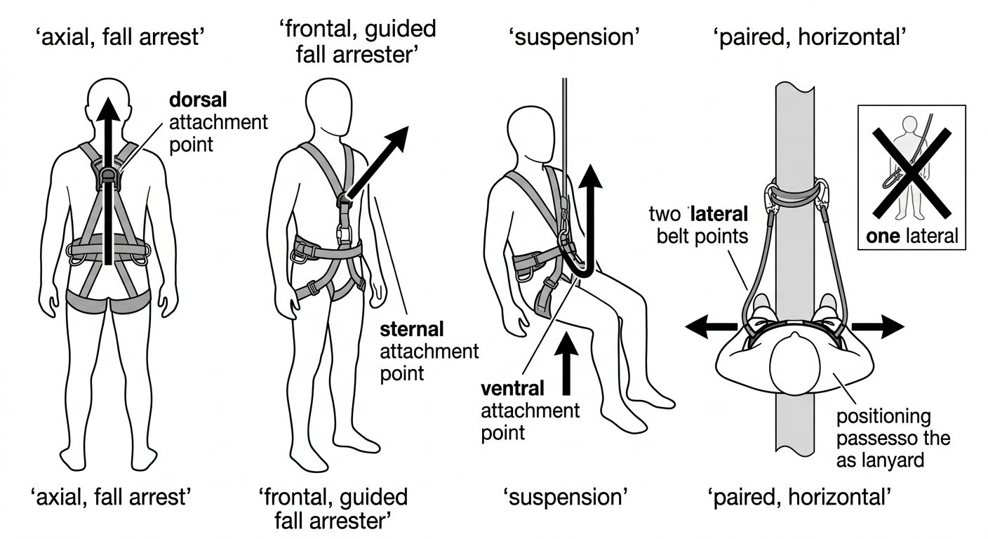 Diagram comparing tested loading directions for dorsal, sternal, ventral and paired lateral harness attachment points