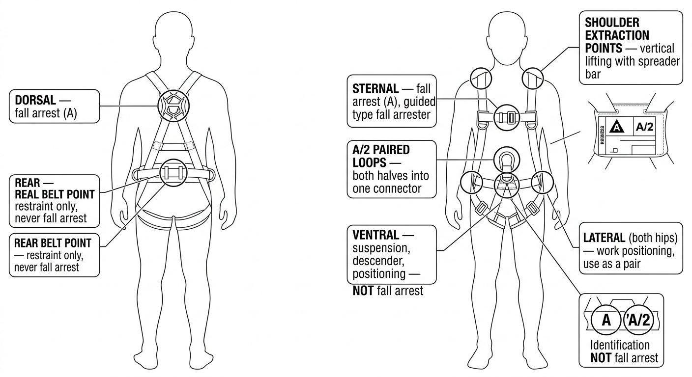 Front and rear views of a combination full body harness with every attachment point labelled by its certified function: dorsal and sternal for fall arrest, ventral for suspension, lateral for positioning, shoulder points for extraction.