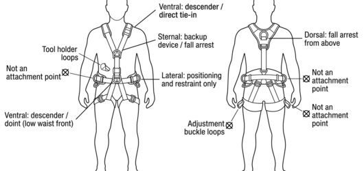 Diagram of harness attachment points showing ventral, sternal, dorsal and lateral belt points with the rope function each one is intended for, and cro