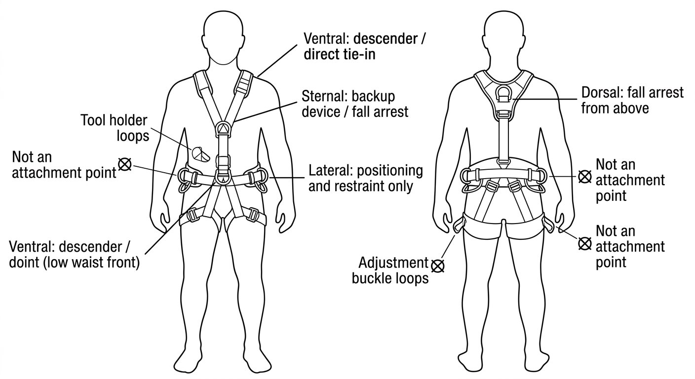 Diagram of harness attachment points showing ventral, sternal, dorsal and lateral belt points with the rope function each one is intended for, and crossed-out equipment loops.