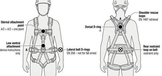 Diagram of a full body harness front and back showing sternal and dorsal fall-arrest A points valid for a rope grab, with belt and rescue points marke