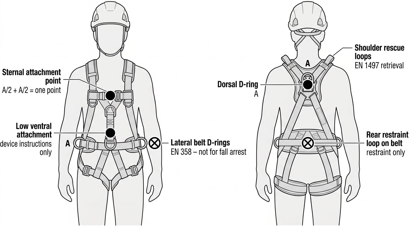 Diagram of a full body harness front and back showing sternal and dorsal fall-arrest A points valid for a rope grab, with belt and rescue points marked as invalid