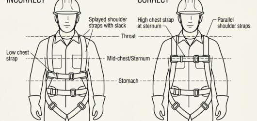 Comparison diagram showing a harness chest strap worn incorrectly low on the stomach versus correctly positioned at mid-chest