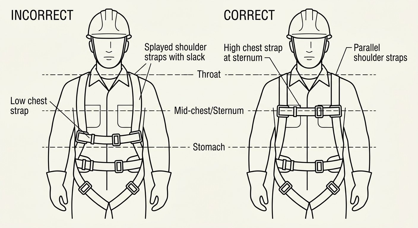 Comparison diagram showing a harness chest strap worn incorrectly low on the stomach versus correctly positioned at mid-chest