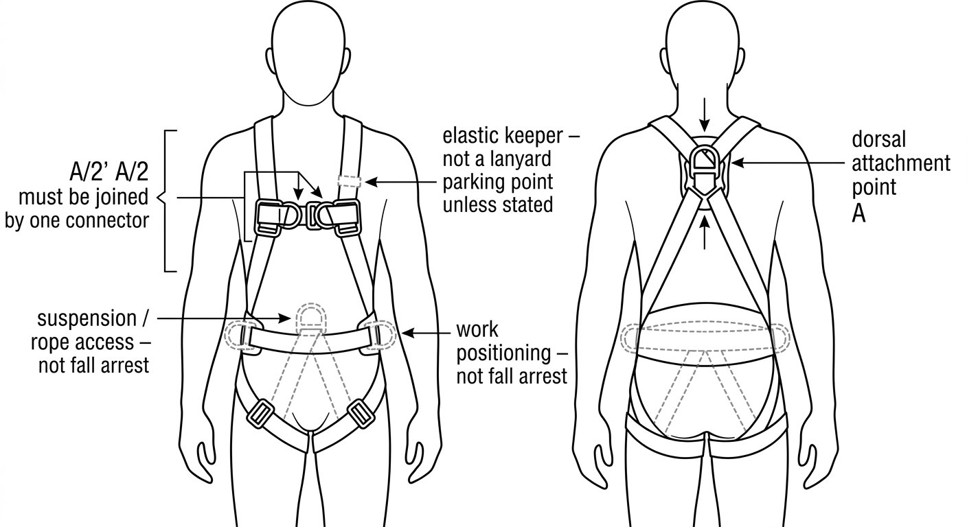 Front and back diagram of a full body harness showing the dorsal A point, paired A/2 chest loops, and the belt and ventral points that are not fall-arrest attachments.