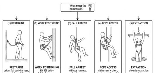 Decision chart mapping five work tasks — restraint, work positioning, fall arrest, rope access and extraction — to the harness type and attachment poi