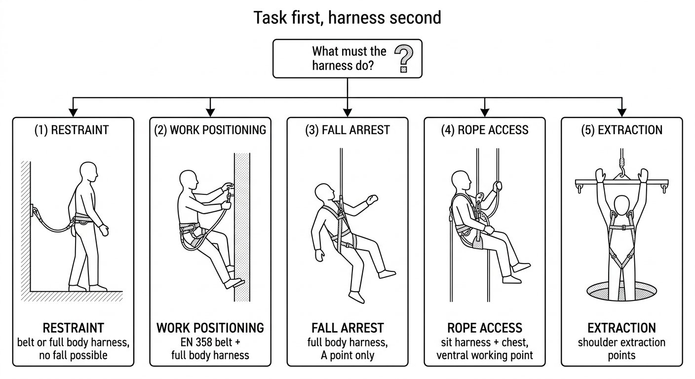 Decision chart mapping five work tasks — restraint, work positioning, fall arrest, rope access and extraction — to the harness type and attachment point each requires.
