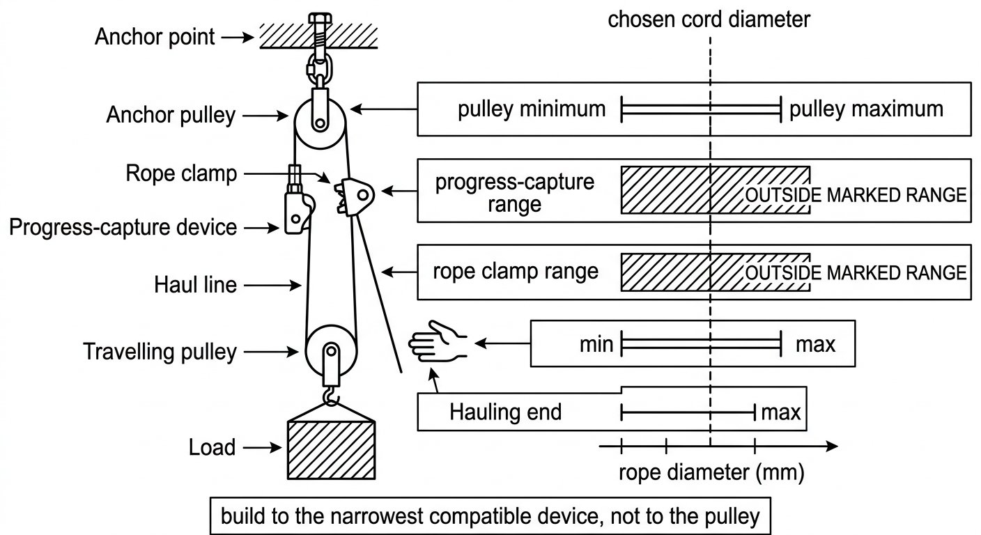 Diagram of a hauling system with each device's marked rope diameter range shown as tolerance bars on a common scale, highlighting devices incompatible with thin cord